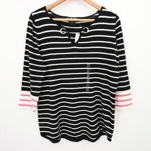 United States Sweaters Black White Striped Knit Top Blouse 3/4 Sleeve Crewneck L
